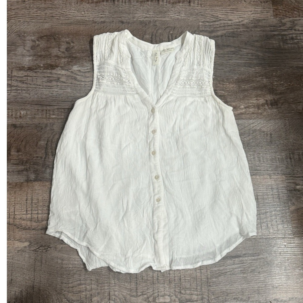 Meadow Rue Anthropologie White Cotton V-Neck Button Blouse Sleeveless Womens 4